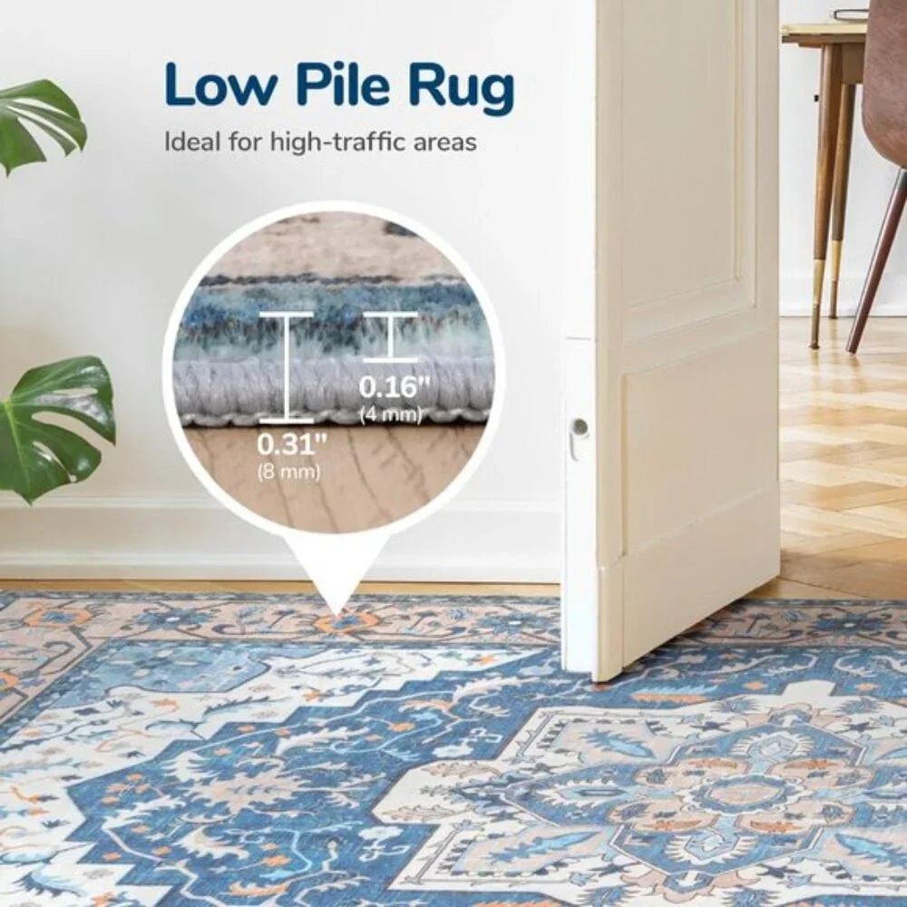 New 5x7 Blue Brown Boho Rug, Washable Soft Faux-Wool Vintage Medallion Carpet